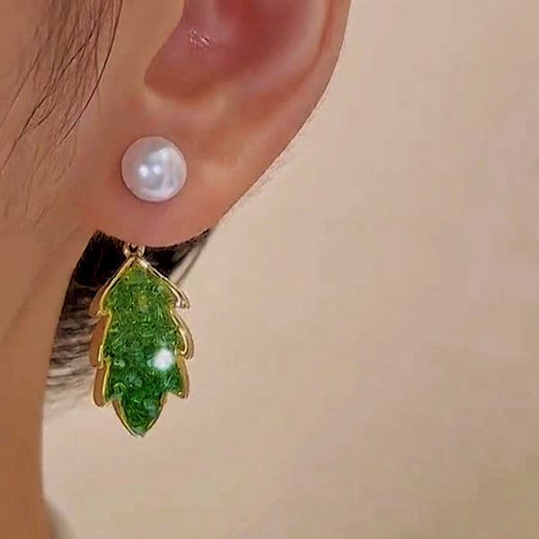 14k Gold-Plated Exquisite Green Crystal Leaf Earrings