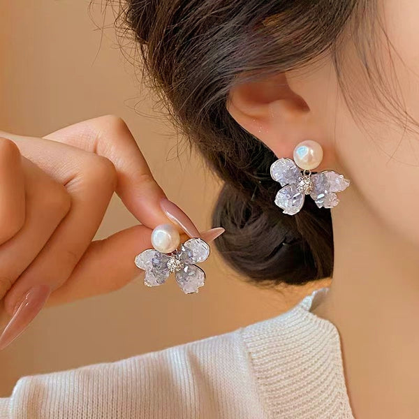 14k Gold-Plated Gradient Crystal Flower Pearl Earrings