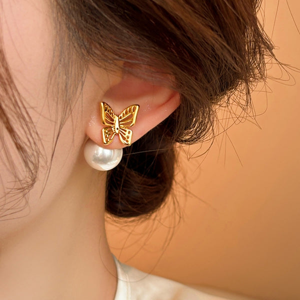 14k Gold-Plated Pearl Butterfly Earrings