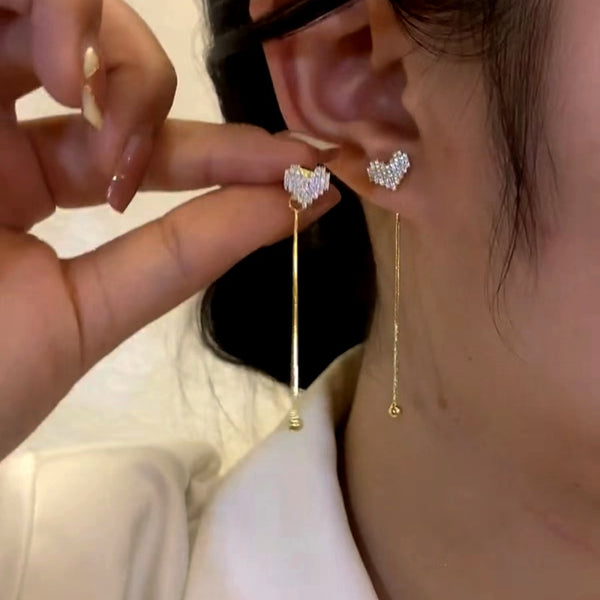 14k Gold-Plated Zircon Heart Long Tassel Earrings