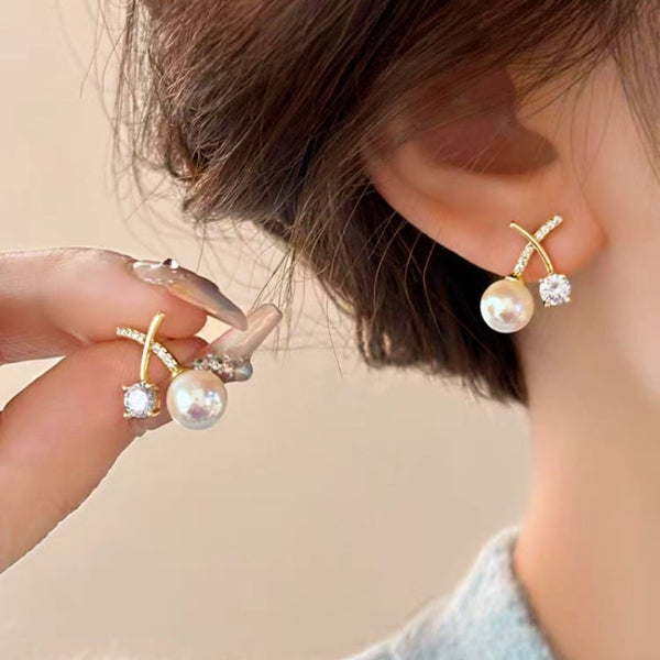 14k Gold-Plated Zircon Pearl Stud Earrings