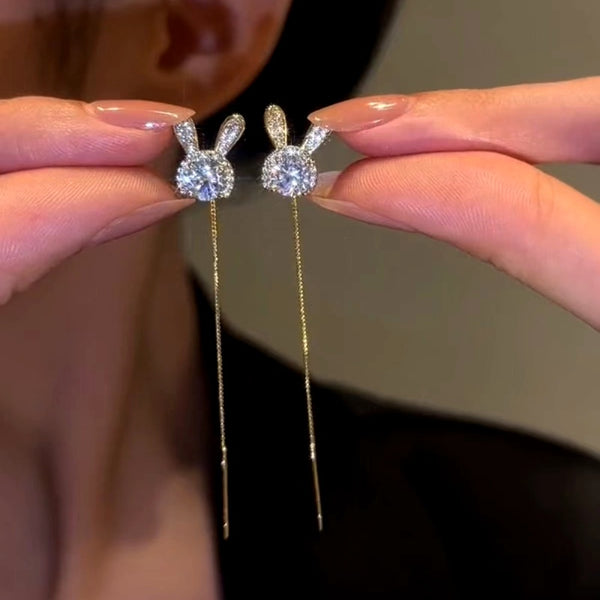 14k Gold-Plated Zircon Rabbit Threader Tassel Earrings
