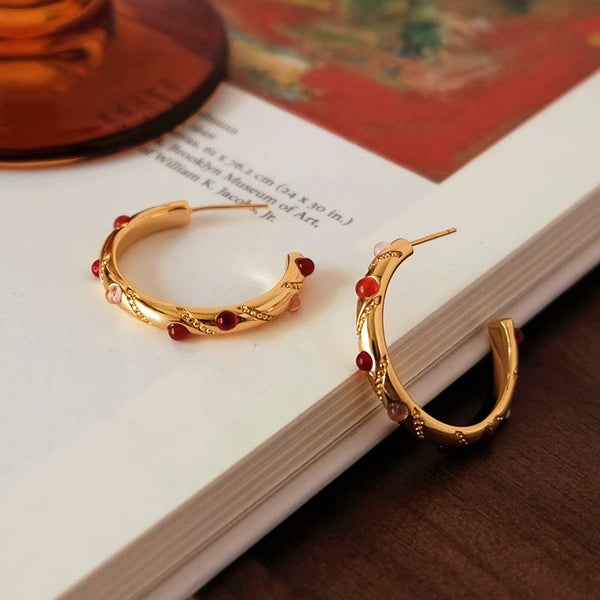 18K Gold-Plated Agate C-Shaped Earrings