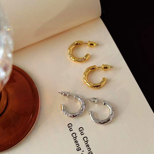 18K Gold-Plated Diamond-Studded C-Shaped Earrings