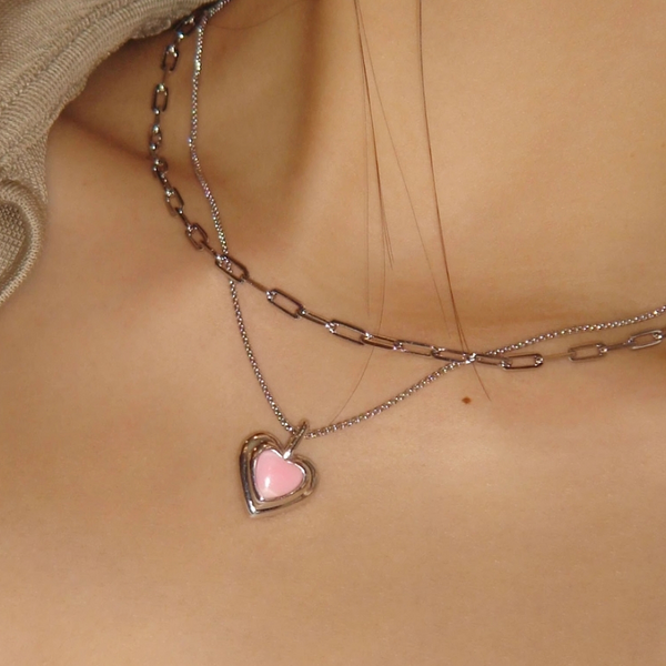 18K Gold-Plated Double-Layer Pendant Pink Heart Necklace