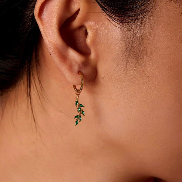 18K Gold-Plated Green Zircon Leaf Earrings