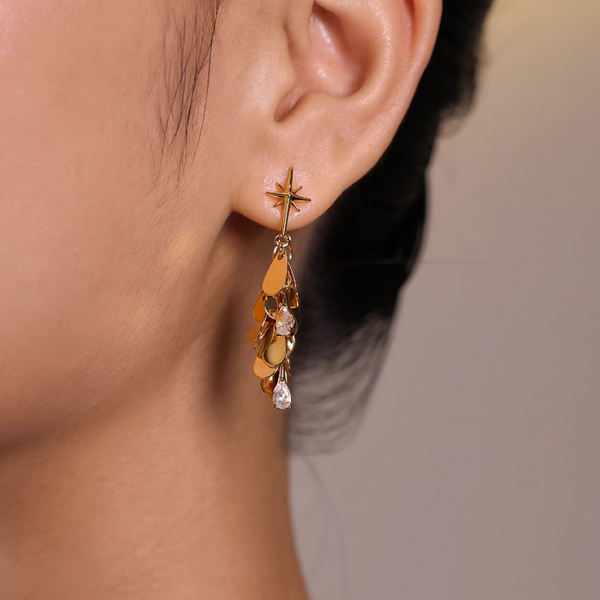 18K Gold-Plated Polished Eight-Pointed Star Tassel Two-Piece Earrings