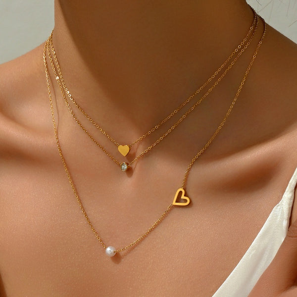 18K Gold-Plated Three-Layer Zircon Heart Pearl Necklaces