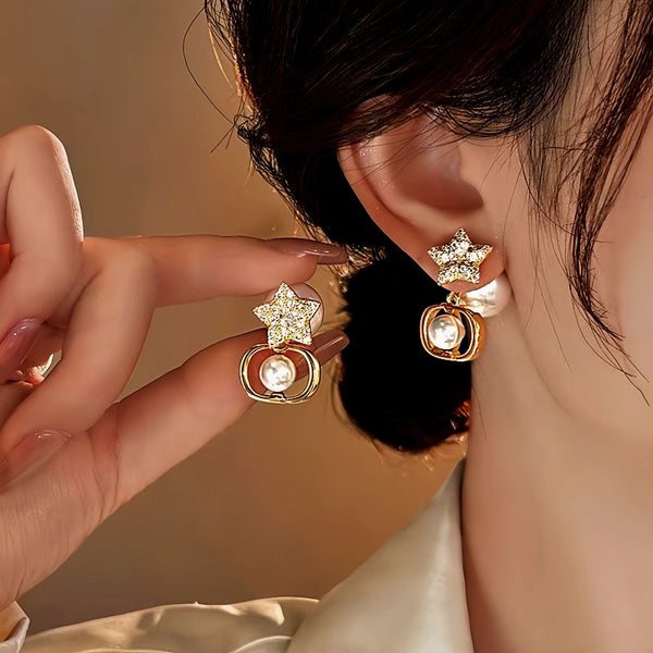 18K Gold-Plated Zircon Diamond Star Pearl Earrings