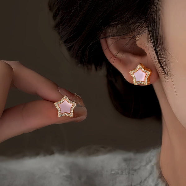 18K Gold-Plated Zircon Pink Diamond  Star Stud Earrings