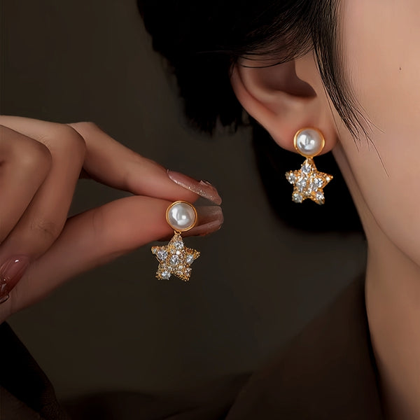 18K Gold-Plated Zircon Star Pearl Earrings