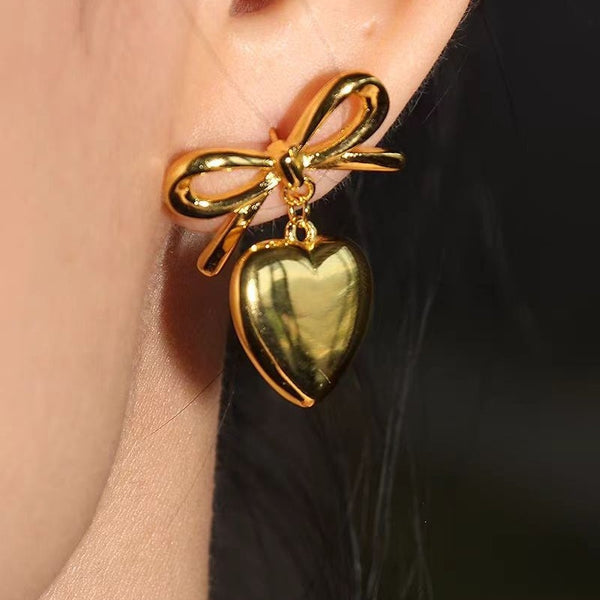 18K Gold-plated Bow Heart-Design Earrings