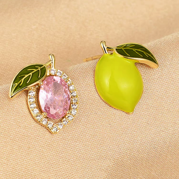18K Gold-plated Green Olive Asymmetric Pink Diamond Stud Earrings