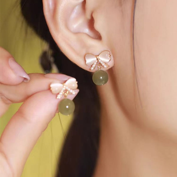 18K Gold-plated Natural Hetian Jade Jasper Pearl Bow Earrings