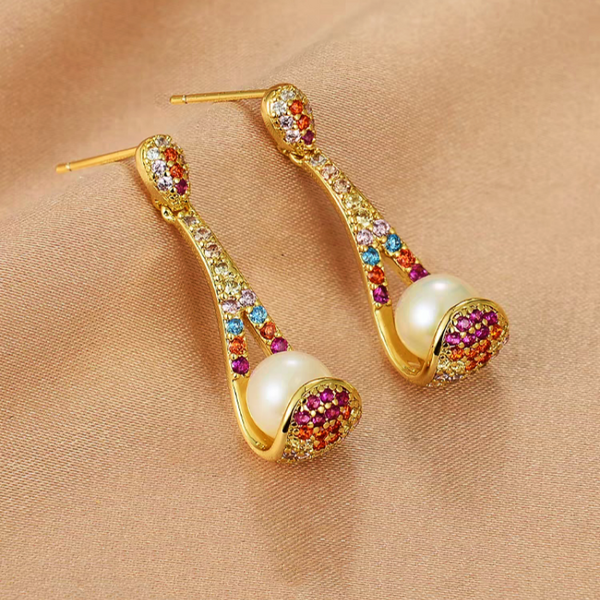 18K Gold-plated Zircon Colorful Spoon Pearl Earrings