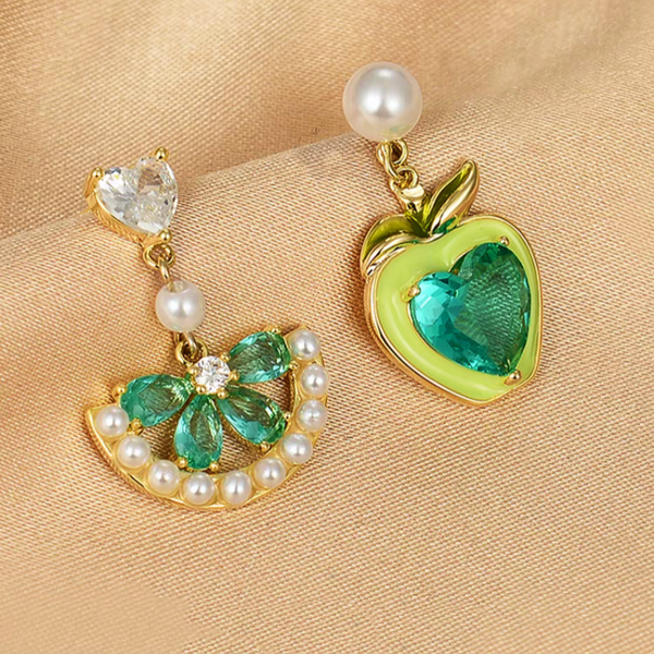 18K Gold-plated Zircon Green Apple Heart Pearl Earrings