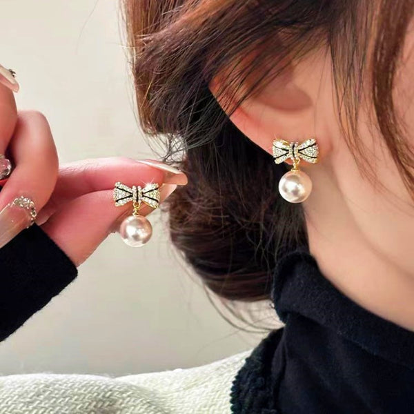 18K Gold Plated Zircon Bow Pearl Earrings