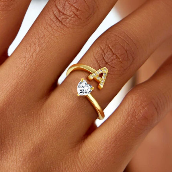 18K Real Gold Adjustable Zircon Diamond Letter Rings