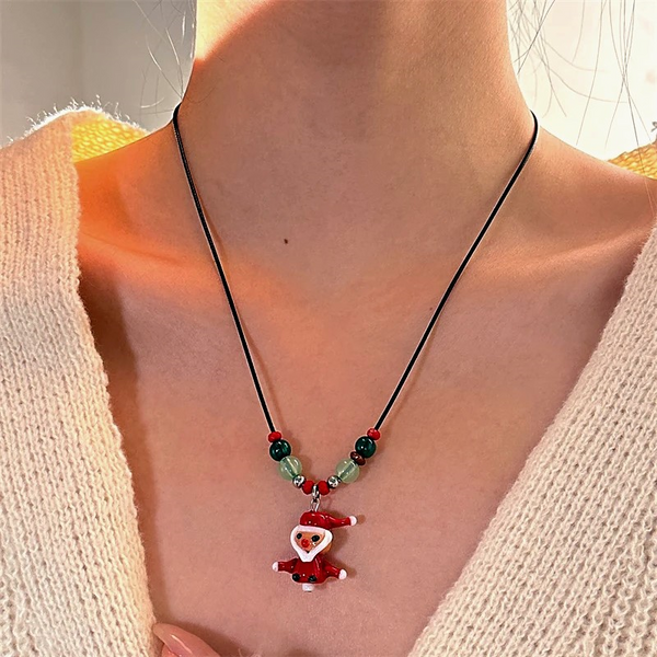 Christmas Gingerbread Man Christmas Tree Socks Leather Rope Sweater Necklace