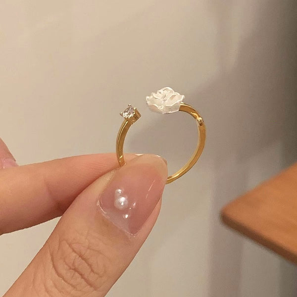 Gold Plated Camellia Flower Diamond Zircon Ring