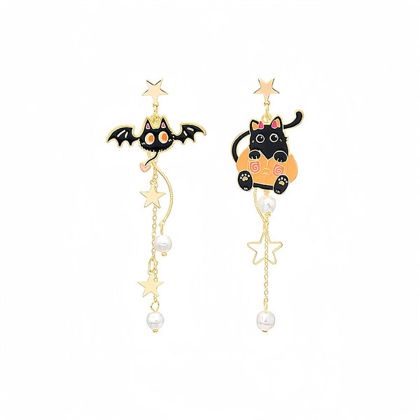 Halloween 14K Gold-Plated Bat Asymmetrical Pearl Tassel Earrings