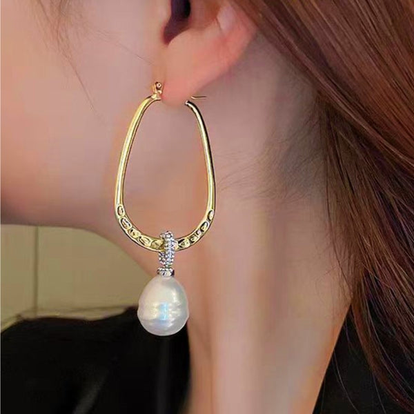 Silver Post 14K Gold-Plated Diamond Pearl U-Shaped Earrings