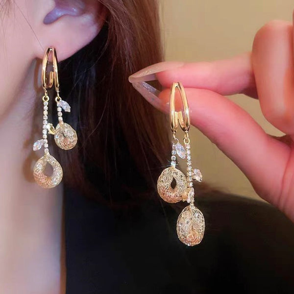 Silver Post 14K Gold-Plated Diamond Zircon Mesh Drop Earrings