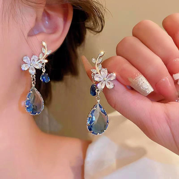 Silver Post 14K Gold-Plated Zircon Flower Leaves Earrings