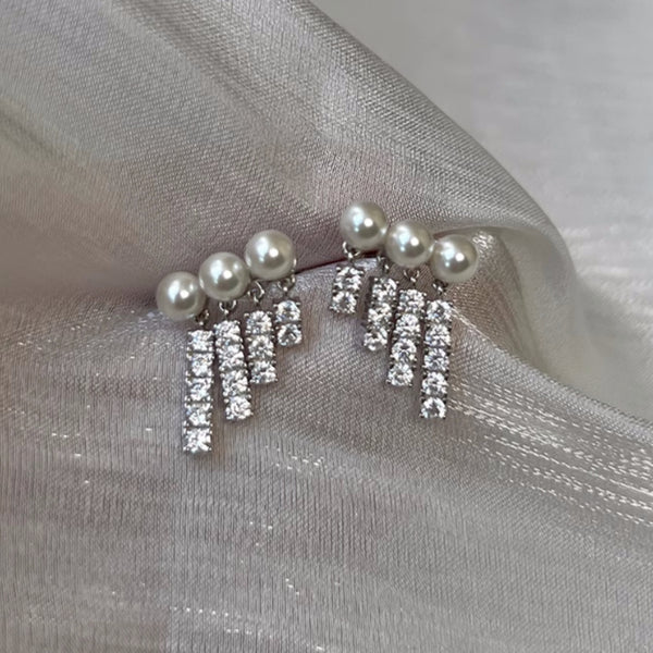 Silver Post Artificial Pearl Zircon Earrings