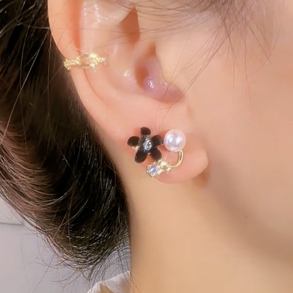 Silver Post Black Opal Flower Pearl Earrings