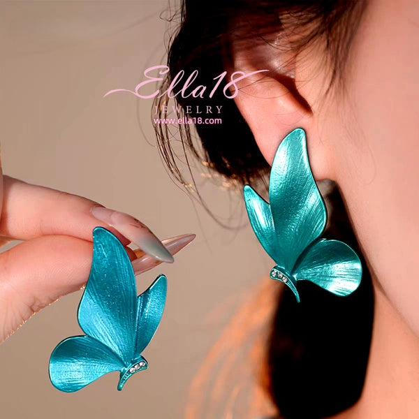 Silver Post Blue Oil Drop Butterfly Earrings