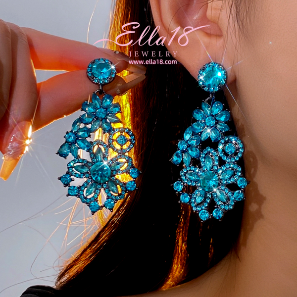 Silver Post Blue Zircon Diamond Flower Tassel Earrings