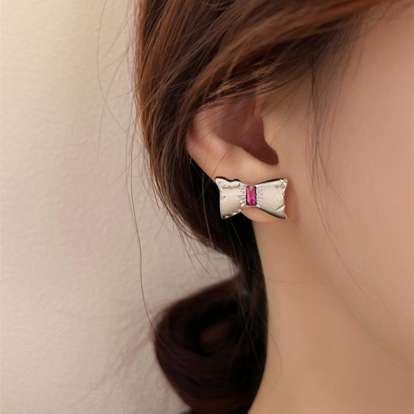 Silver Post Bow Pink Stud Earrings