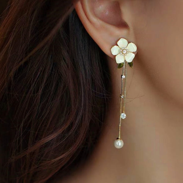 Silver Post Camellia White Flower Earrings