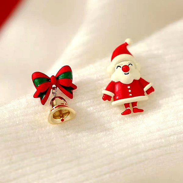 Silver Post Christmas Asymmetrical Santa Claus Bell Earrings