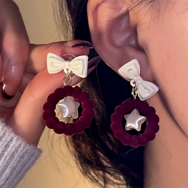 Silver Post Christmas Star Bell Wine Red Flocking Earrings