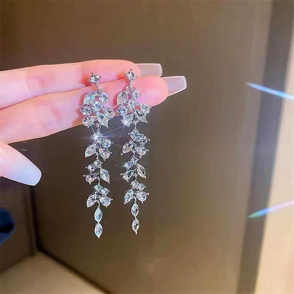 Silver Post Crystal Leaf Earrings