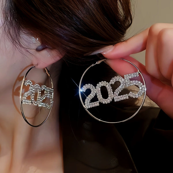 Silver Post Diamond 2025 New Year Hoop Earrings