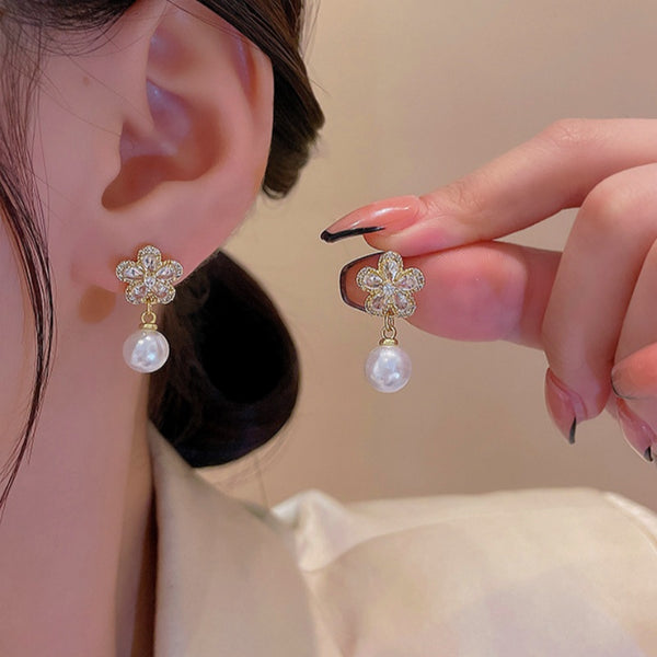 Silver Post Diamond Artificial Pearl Petal Earrings