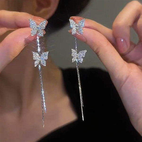 Silver Post Diamond Butterfly Earrings