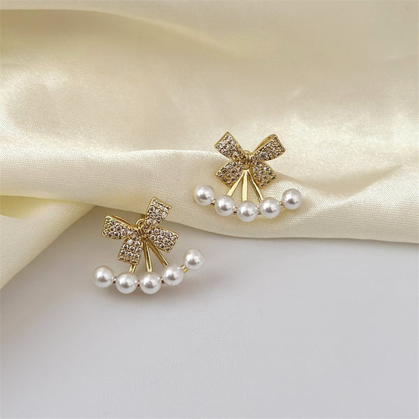 Silver Post Bow Pearl Jacket Earrings