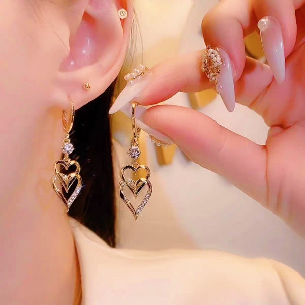 Silver Post Double Layer Full Diamond Love Heart Earrings