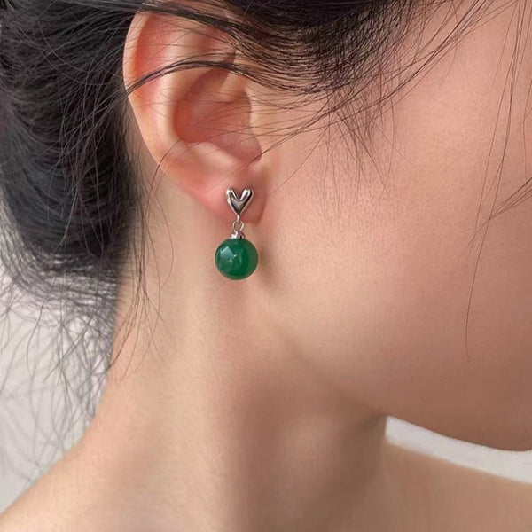 Silver Post Elegant Green Pearl Heart Earrings