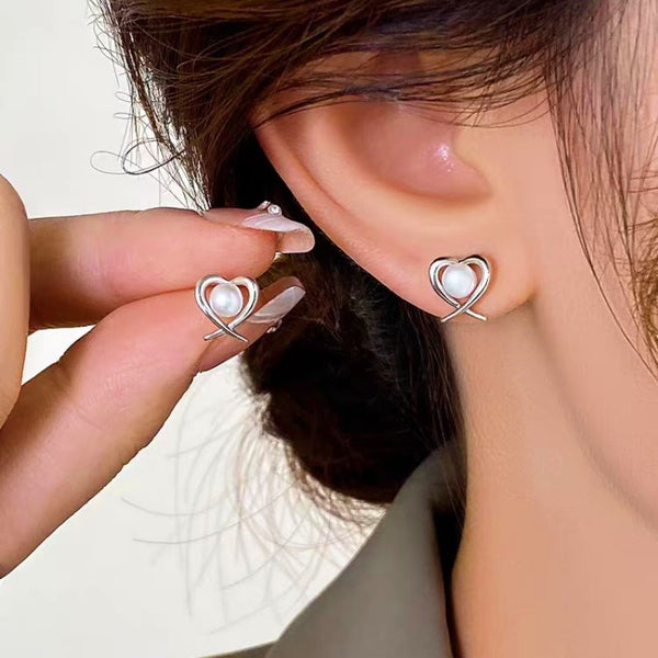 Silver Post Heart-Design Artificial Pearl Stud Earrings