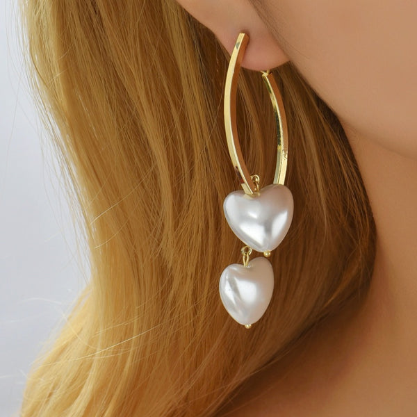 Silver Post Heart Shape Pearl Cross Earrings