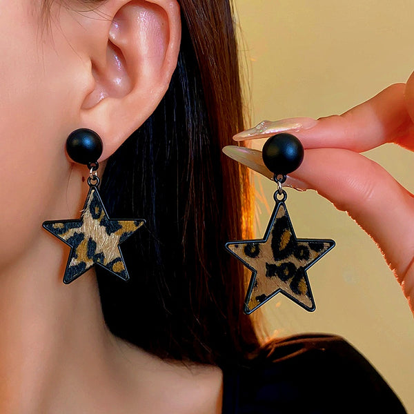 Silver Post Leopard Print Star Earrings