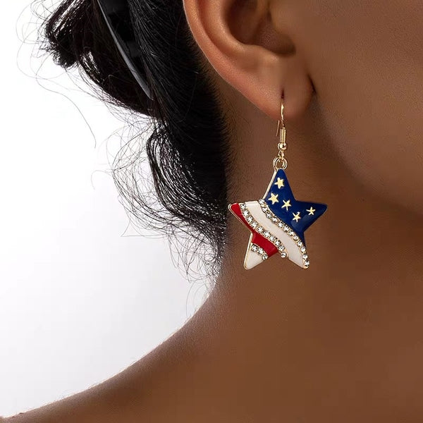 Silver Post Memorial Day American Flag Heart And Star Earrings