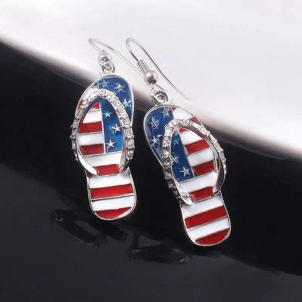 Silver Post Memorial Day American Flag Diamond Small Slipper Earrings