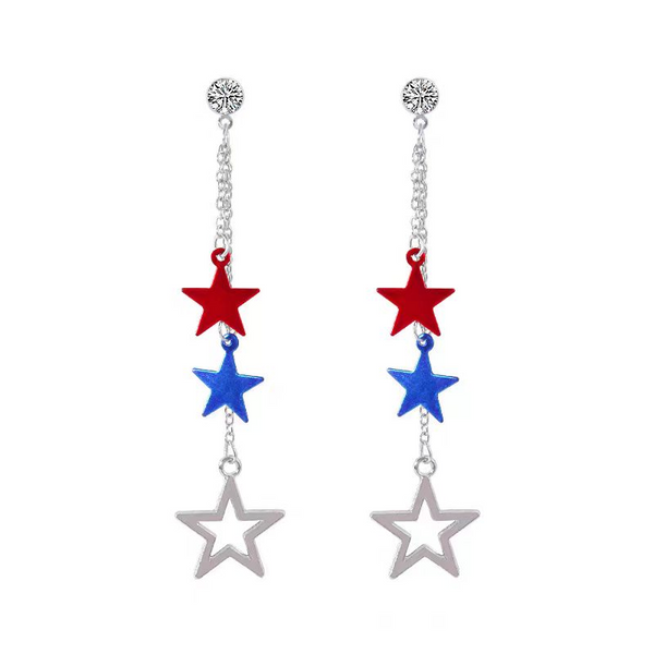 Silver Post Memorial Day American Flag Red Blue White Five-Pointed Star Stud Earrings