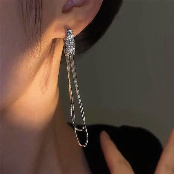 Silver Post Micropaved Silver Chain Earrings